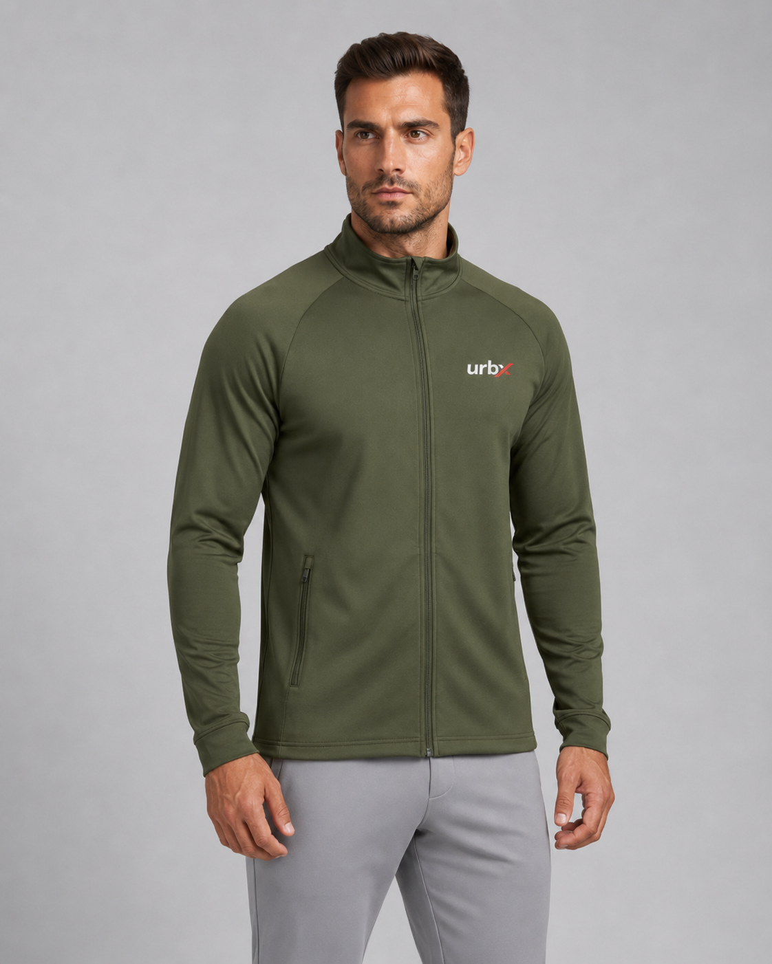 URBX Pro Zip-Up Track Jacket Olive - Close Up Front