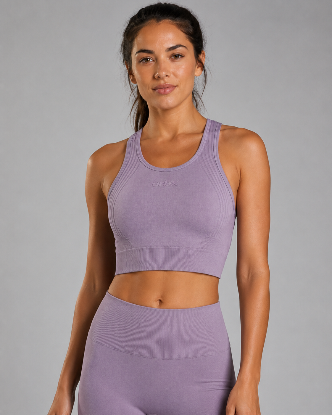 URBX Seamless Ribbed Racerback Crop Tank Dusty Mauve - Full body front view 2