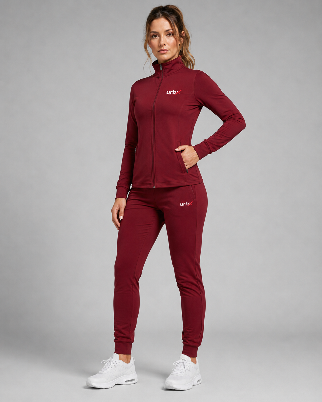 URBX Signature Tracksuit Burgundy – Front angle view