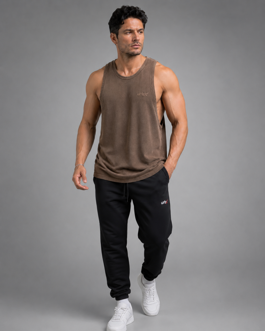 URBX Washed Drop-Arm Tank Top Mocha - Full body lifestyle