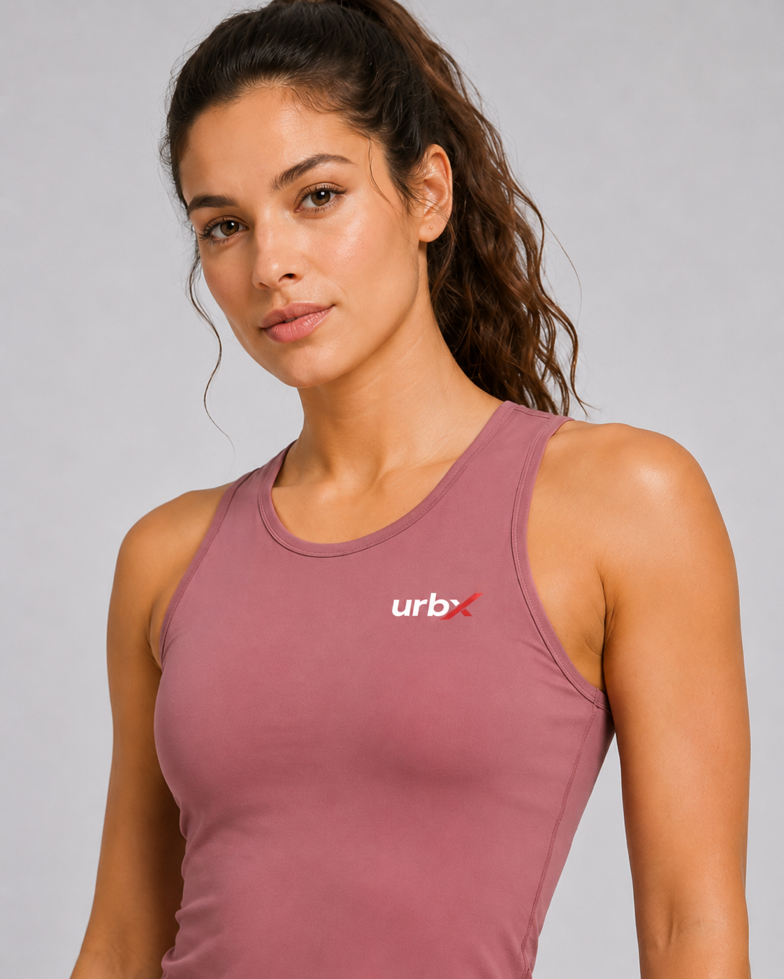 URBX Fitted Racerback Tank Top Dusty Rose - Chest logo close up