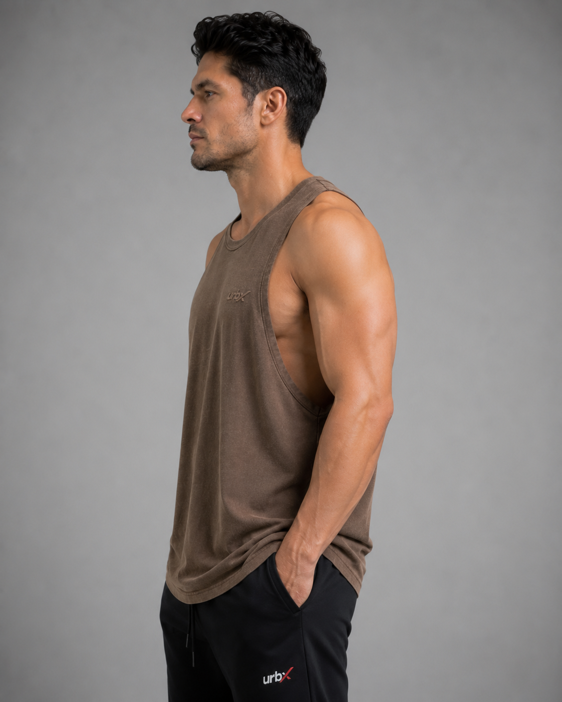 URBX Washed Drop-Arm Tank Top Mocha - Side view