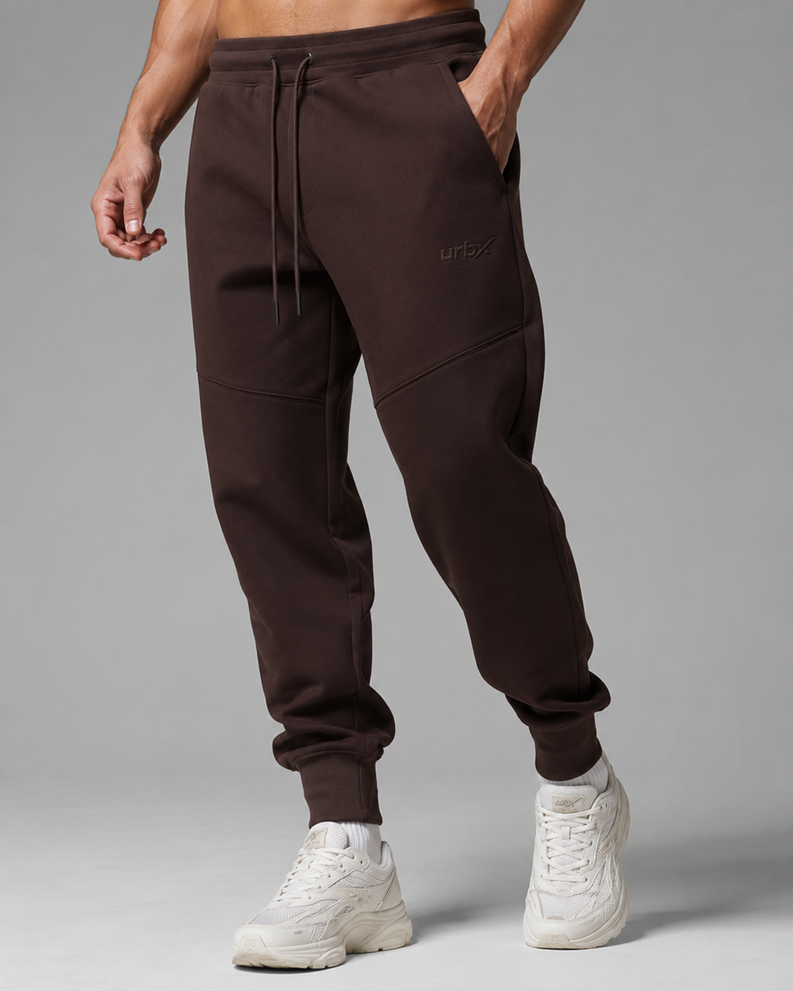 URBX Heavyweight Panelled Joggers Dark Chocolate - Front angle view