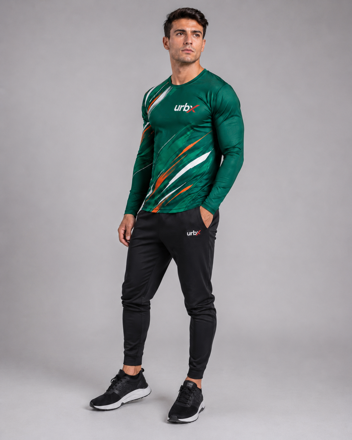 URBX Graphic Performance Long Sleeve Top Forest Green – Front relaxed view