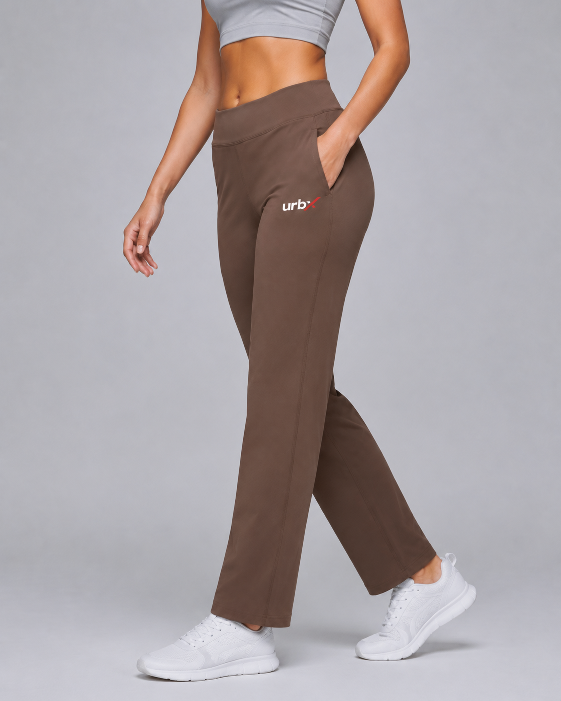 URBX High Waist Straight Leg Pants Mocha - Walking front angle
