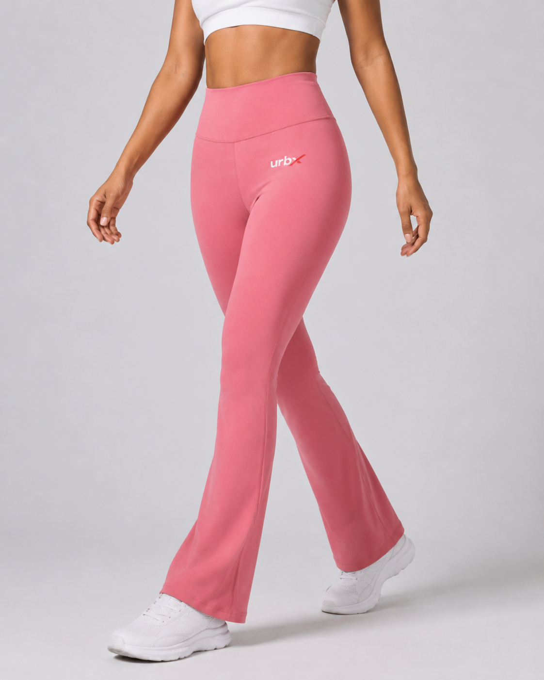 URBX High-Waist Flare Leggings Pink – Walking front view