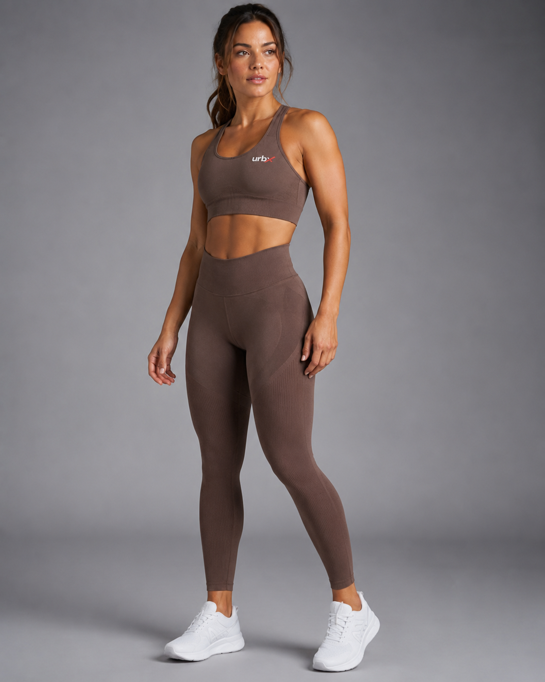 URBX Seamless Ribbed Co-Ord Set Mocha Brown - Front angle view 2