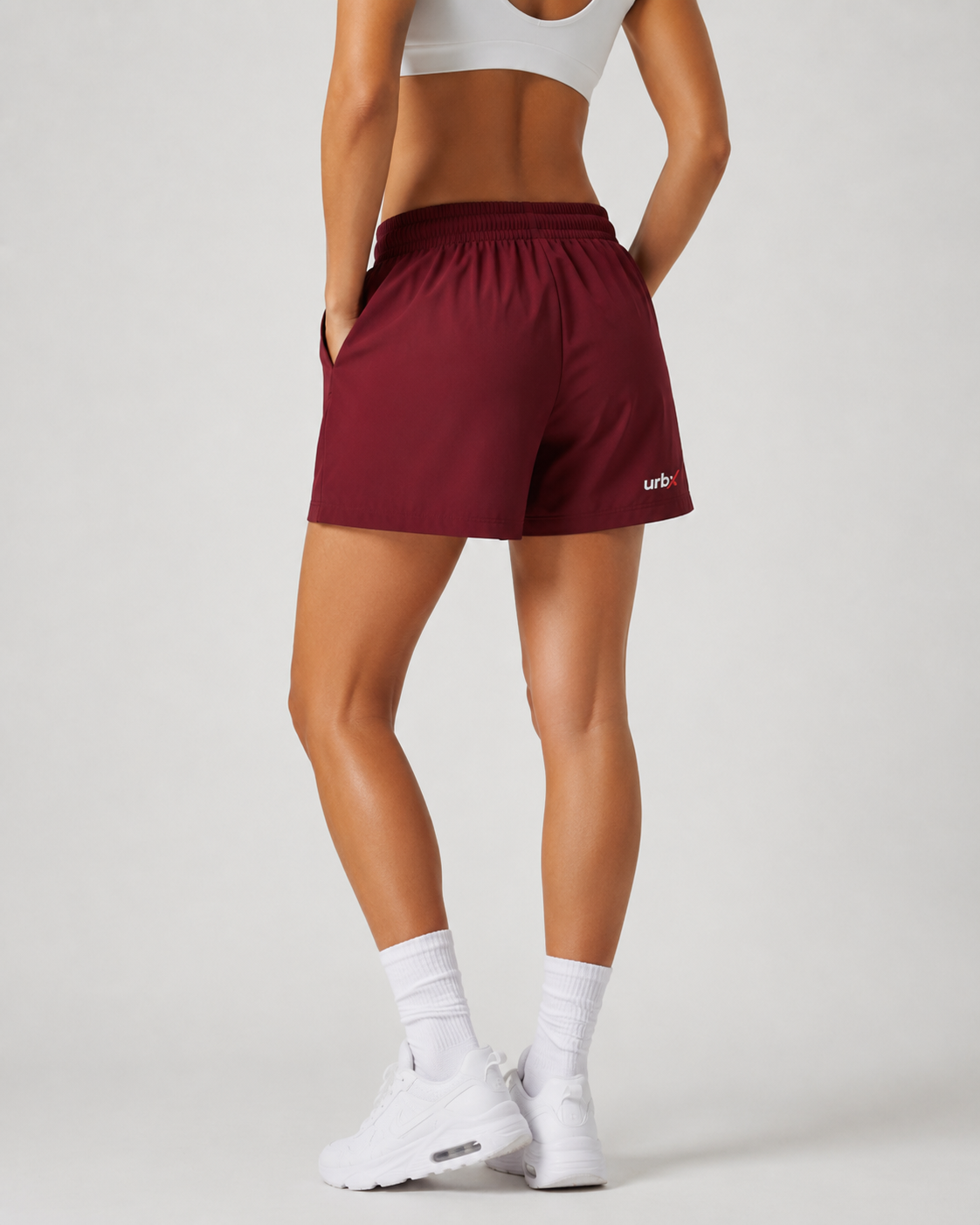 URBX High-Waist Training Shorts Burgundy – Back angle view