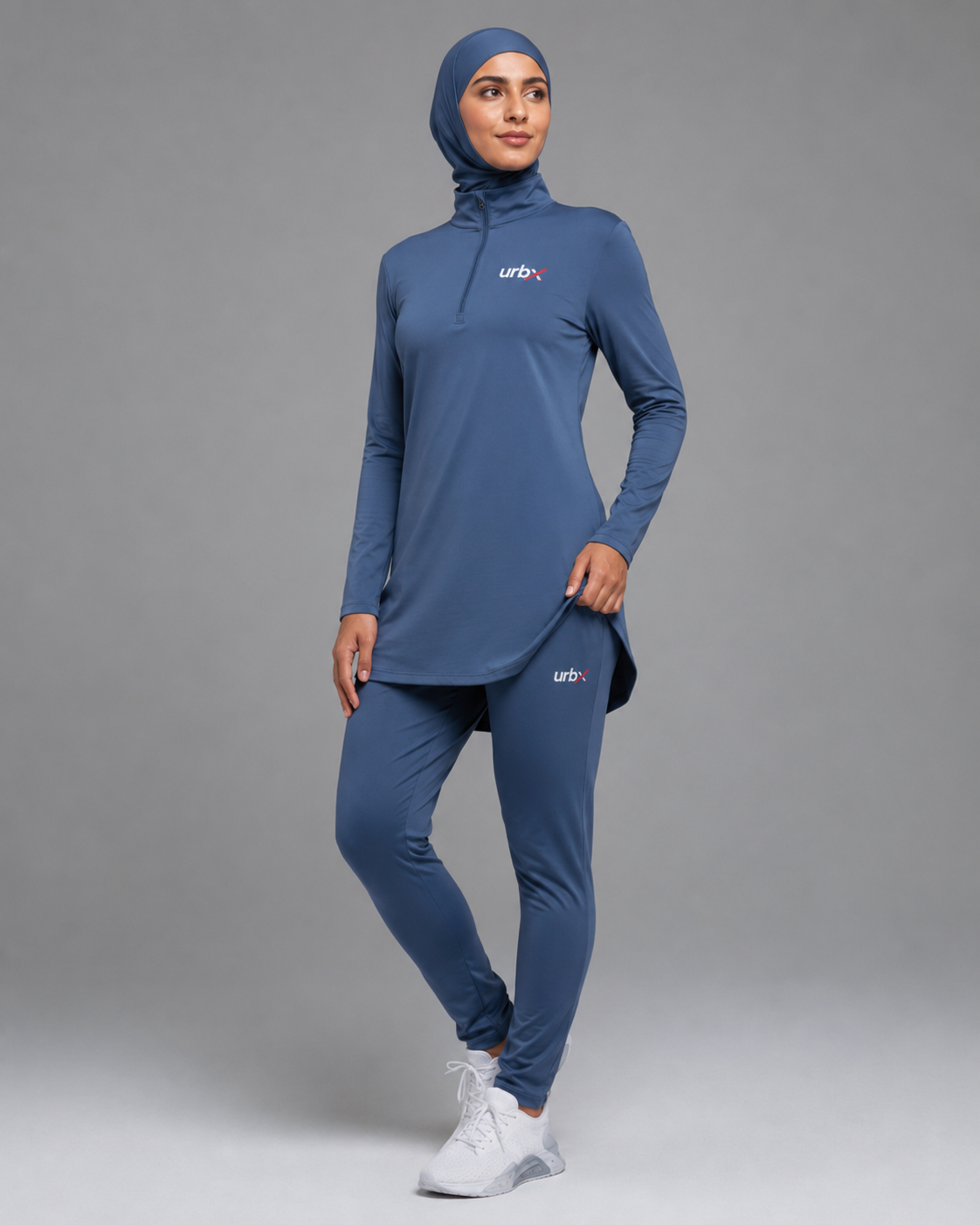 URBX Modest Activewear Set Steel Blue – Front pose view