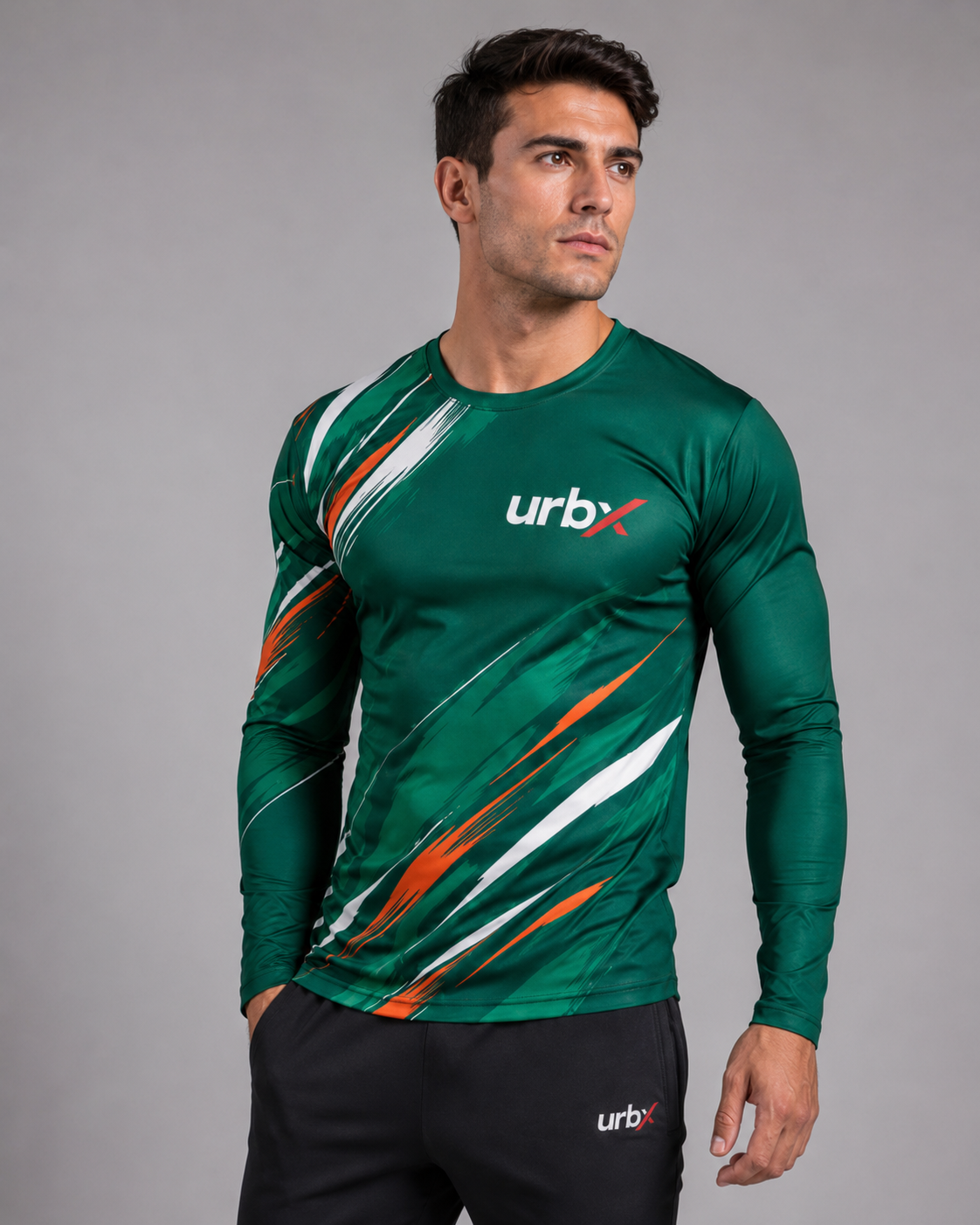 URBX Graphic Performance Long Sleeve Top Forest Green – Front close-up view