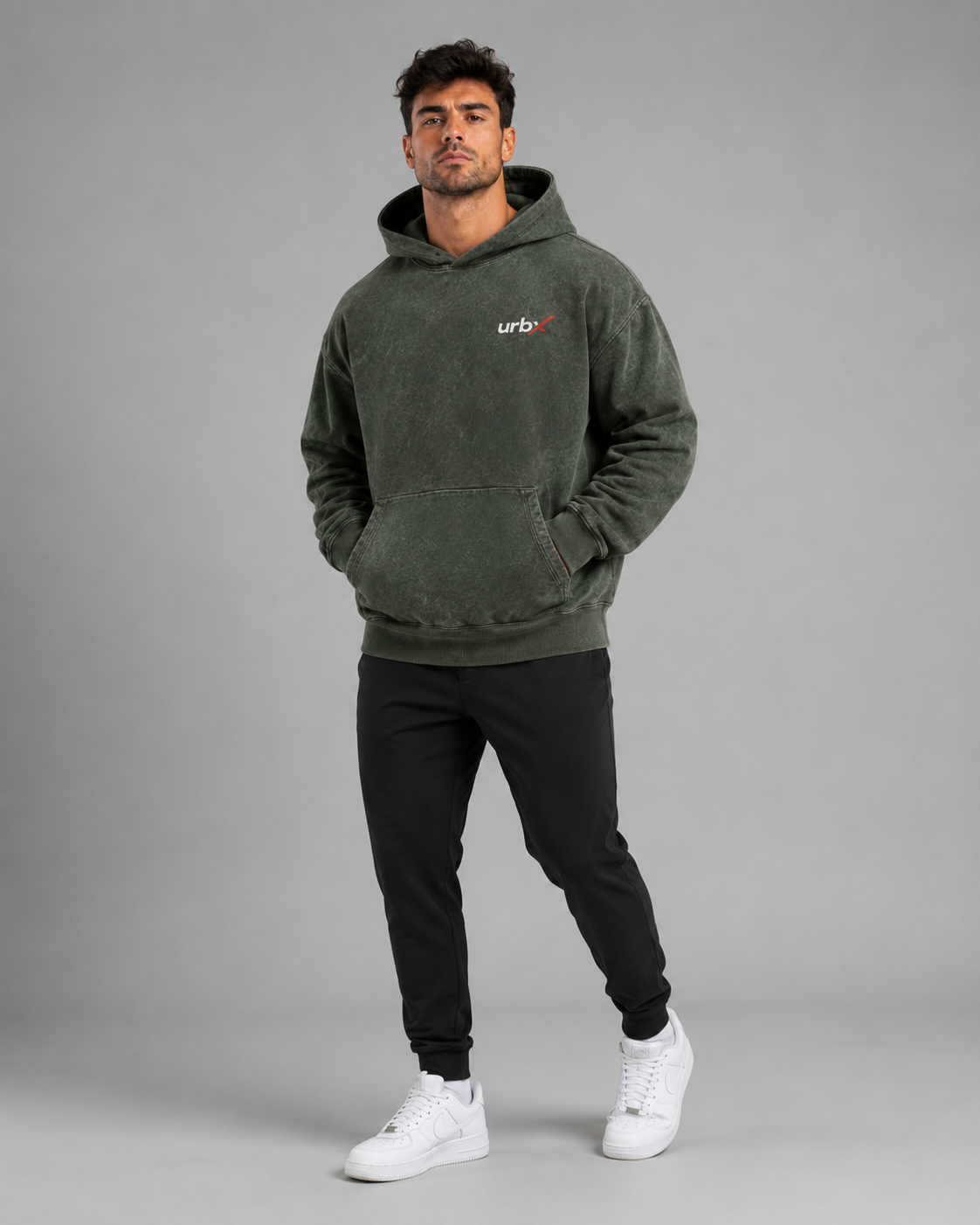 URBX Washed Oversized Hoodie Olive - Full body lifestyle 2