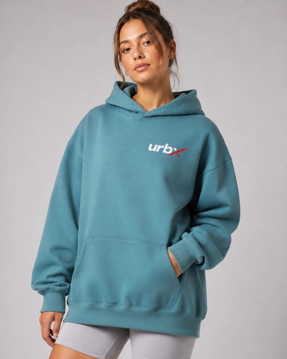 URBX Oversized Hoodie Teal - Front close up chest logo