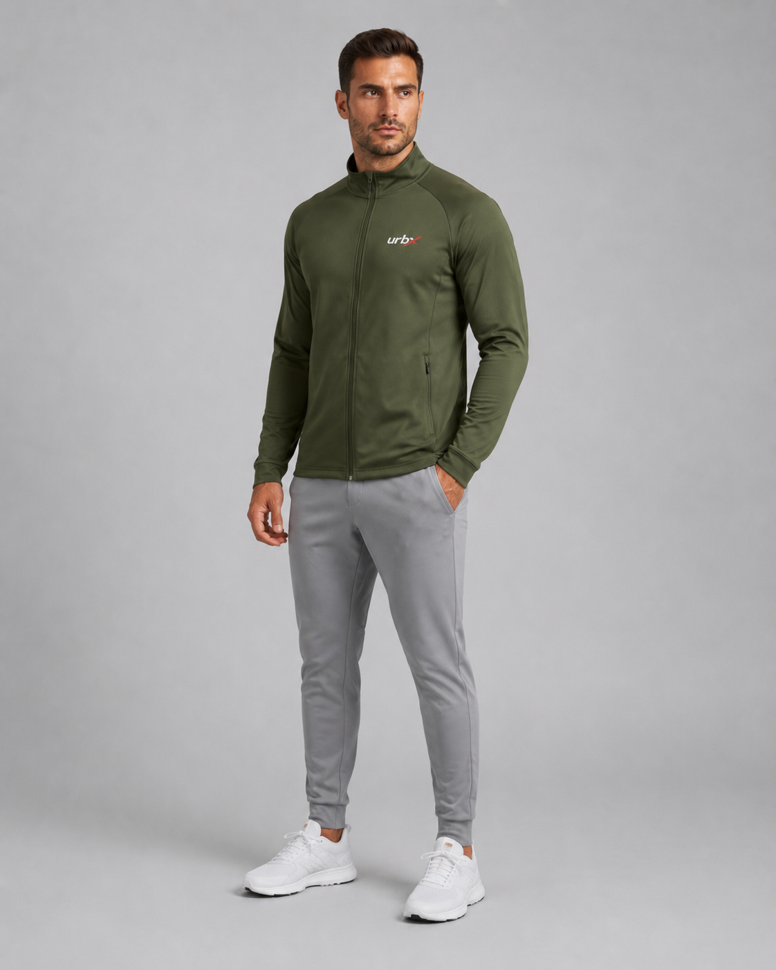 URBX Pro Zip-Up Track Jacket Olive - Three Quarter Front View