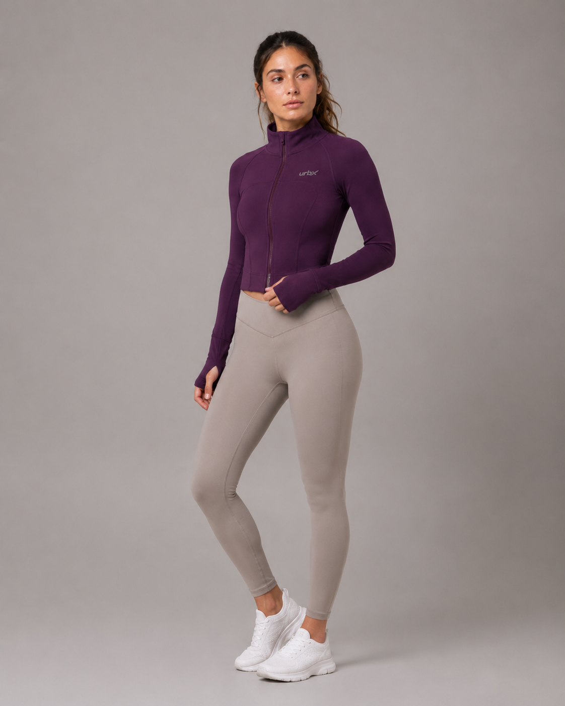 URBX Seamless Cropped Zip-Up Performance Jacket Plum - Side angle view