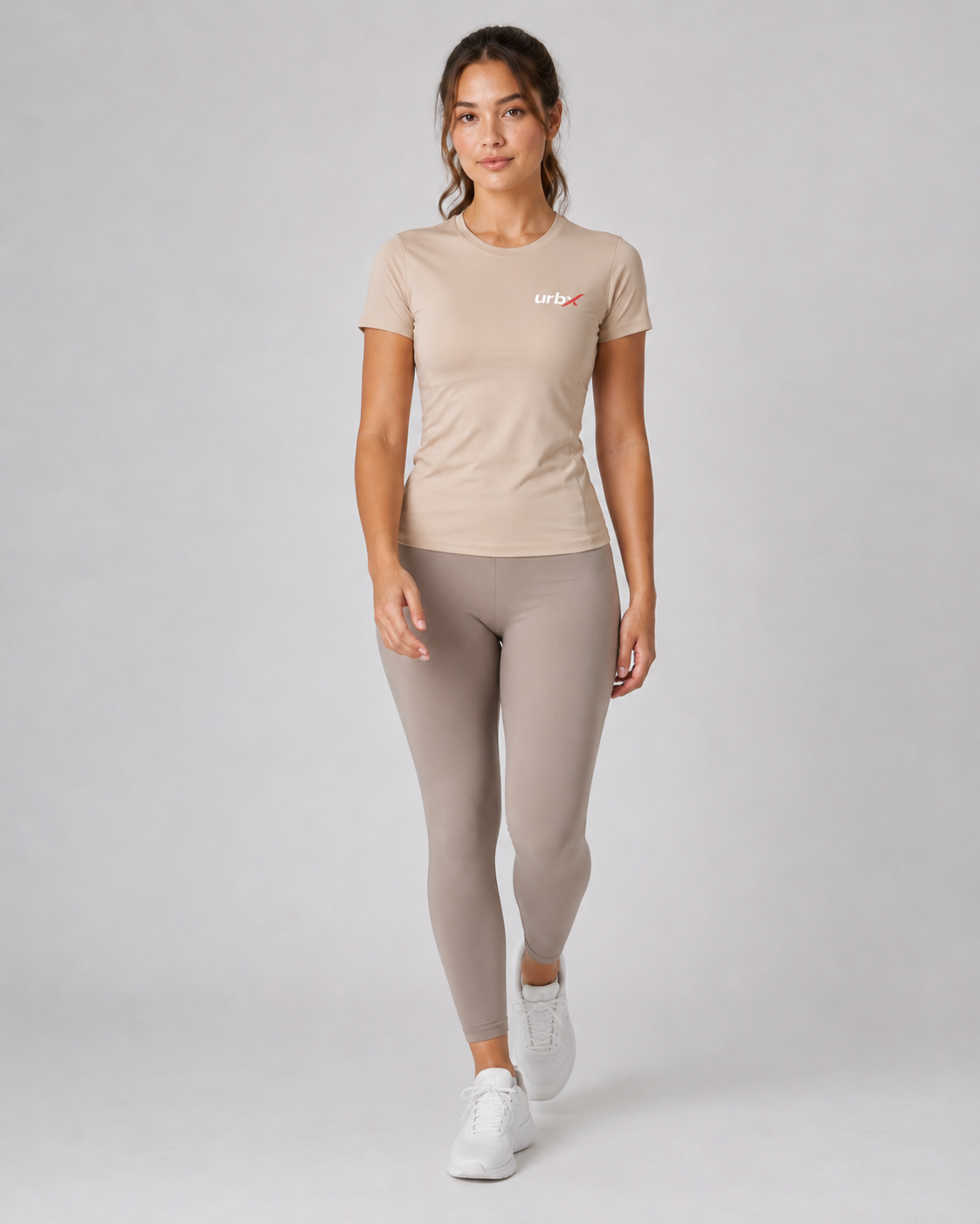 URBX Fitted Crew Neck Tee Sand - Back angle left full body