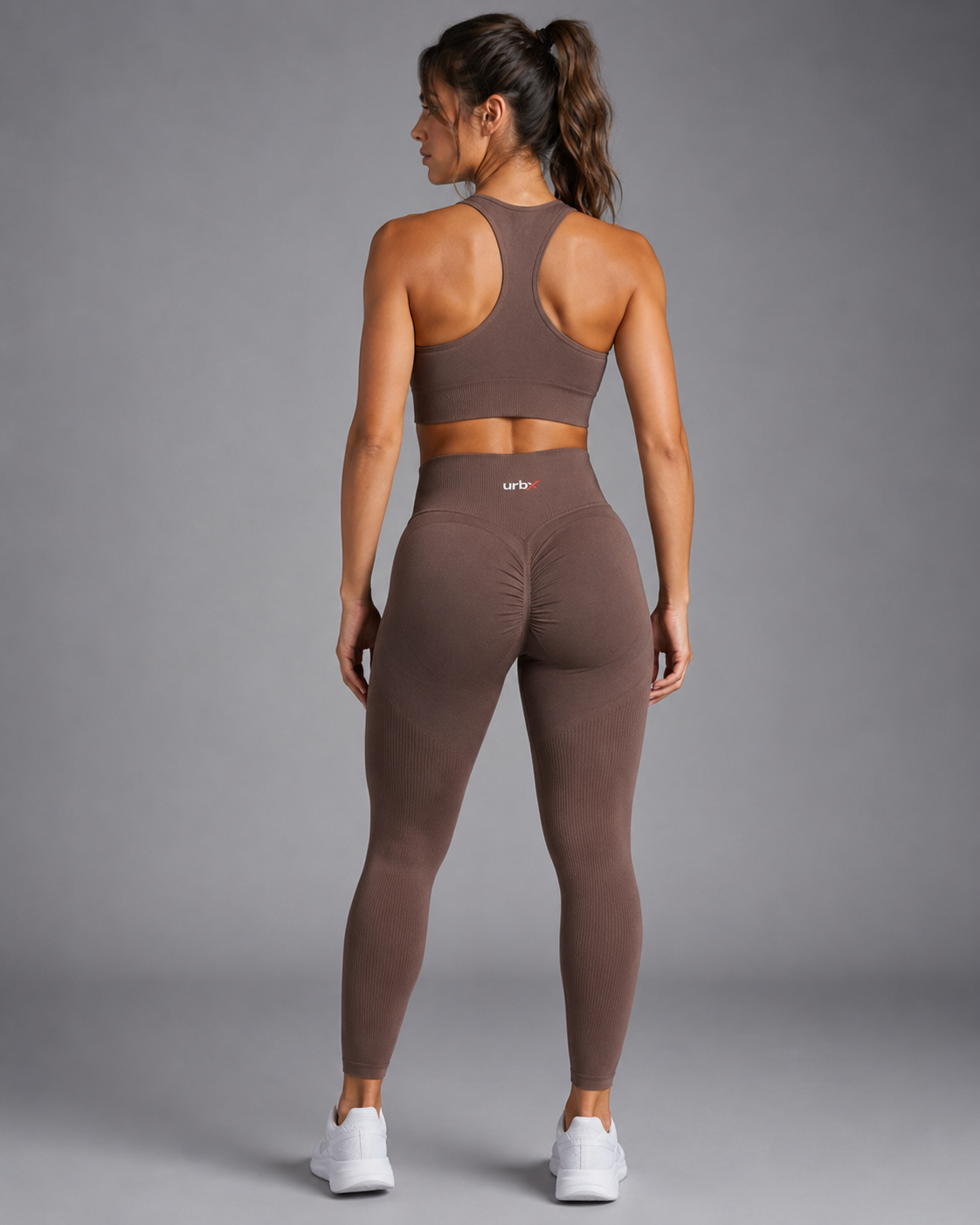 URBX Seamless Ribbed Co-Ord Set Mocha Brown - Front lifestyle view
