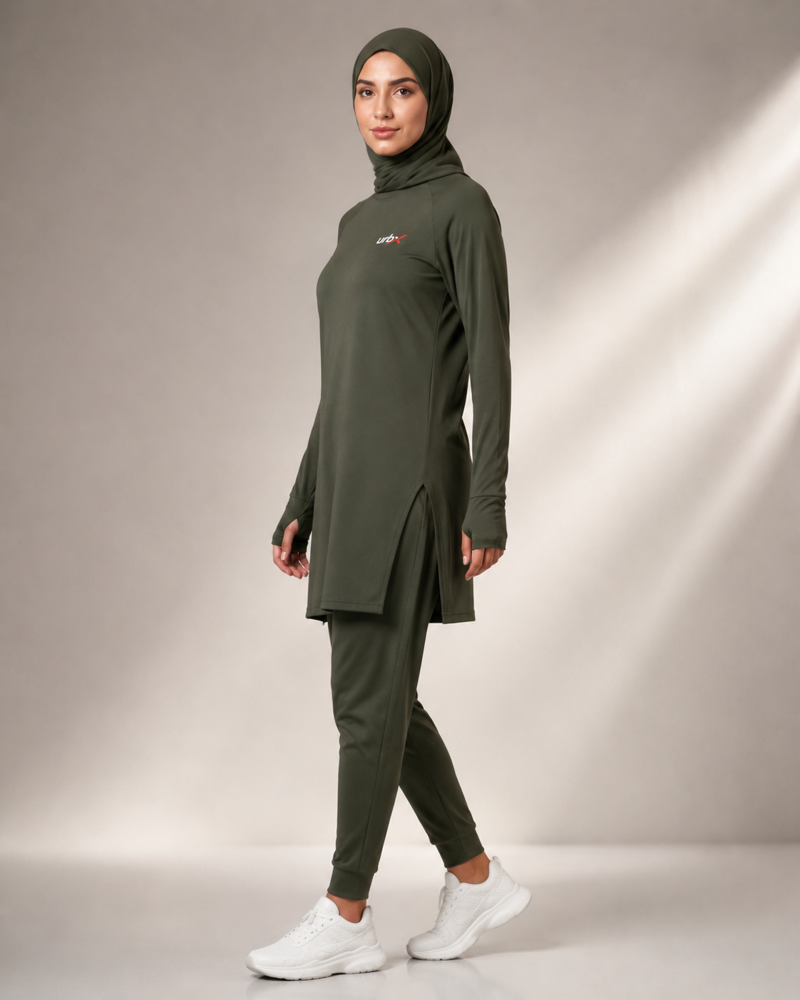 URBX Modest Active Set Olive Green - Side view showing side slits