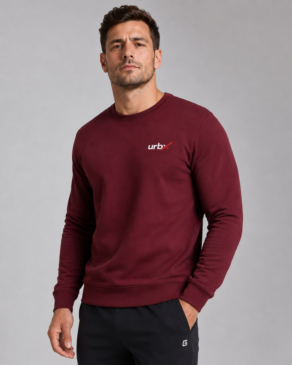 URBX Essential Crewneck Sweatshirt Burgundy – Front relaxed pose