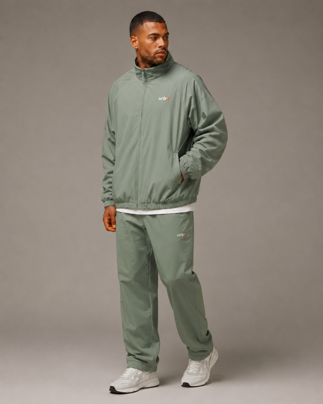 URBX Woven Zip Jacket Sage Green - Walking front angle