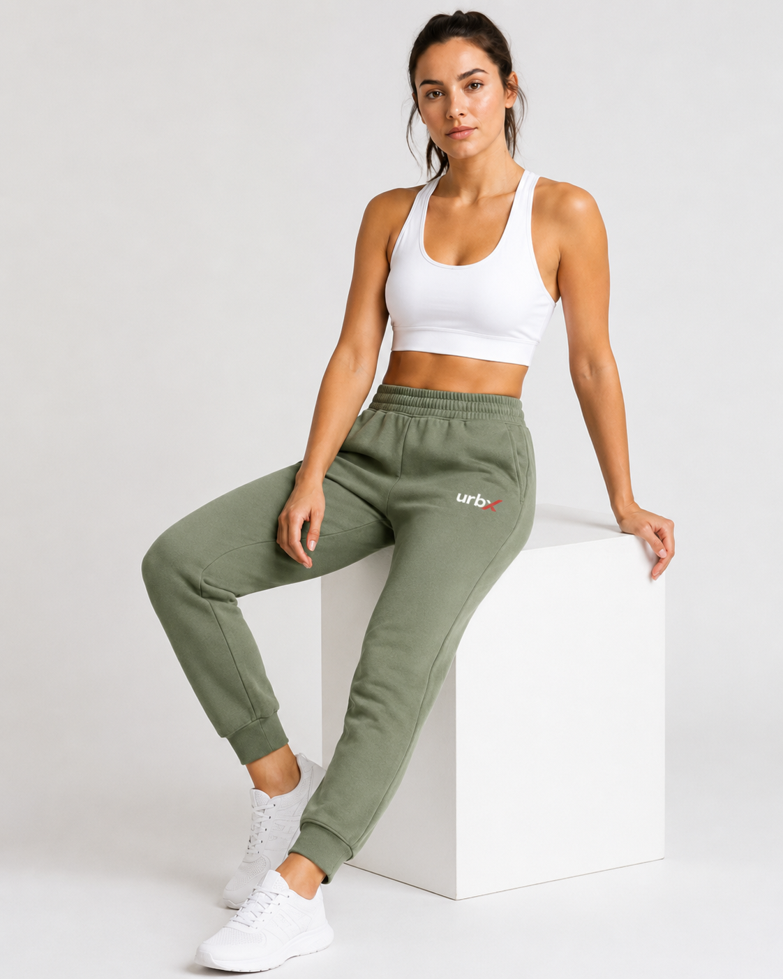 URBX Women Slim Fit Joggers Sage - Seated Editorial View