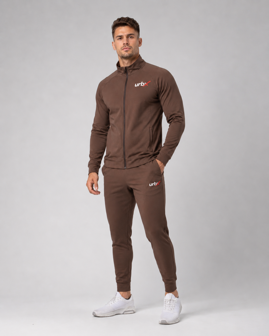 URBX Signature Tracksuit Brown – Front relaxed pose