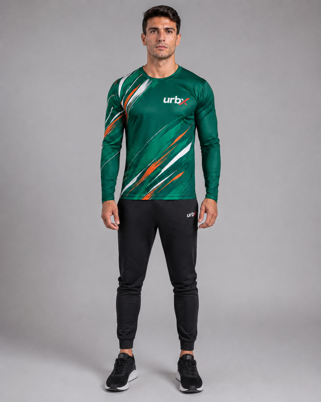 URBX Graphic Performance Long Sleeve Top Forest Green – Front full-length view 2