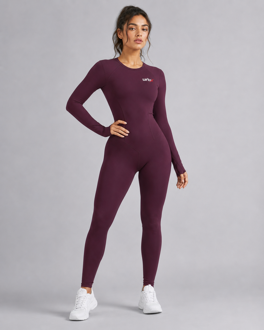 URBX Seamless Long Sleeve Bodysuit Burgundy - Hand on Hip Front