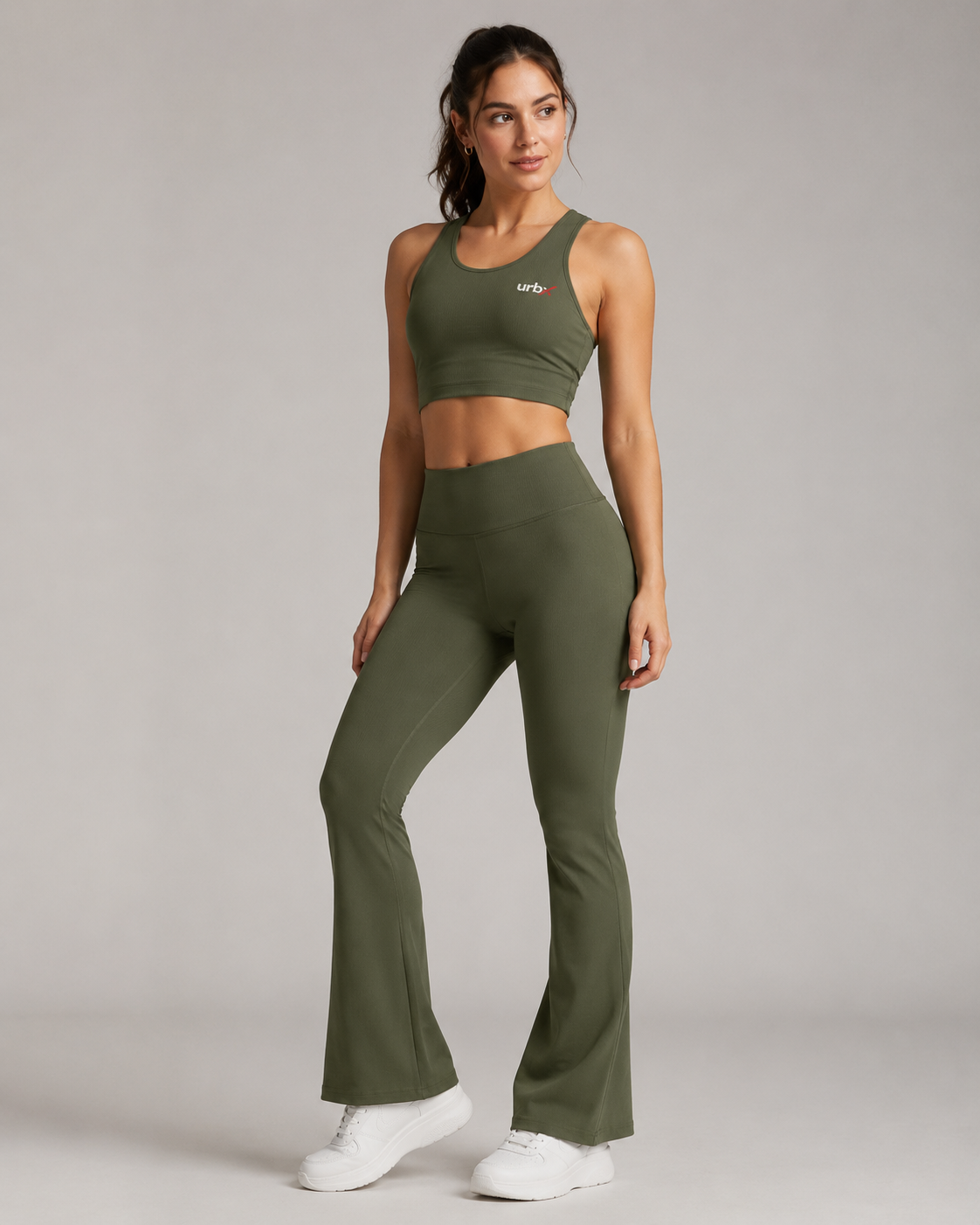 URBX Ribbed Co-Ord Set Olive Green - Front angle left full body