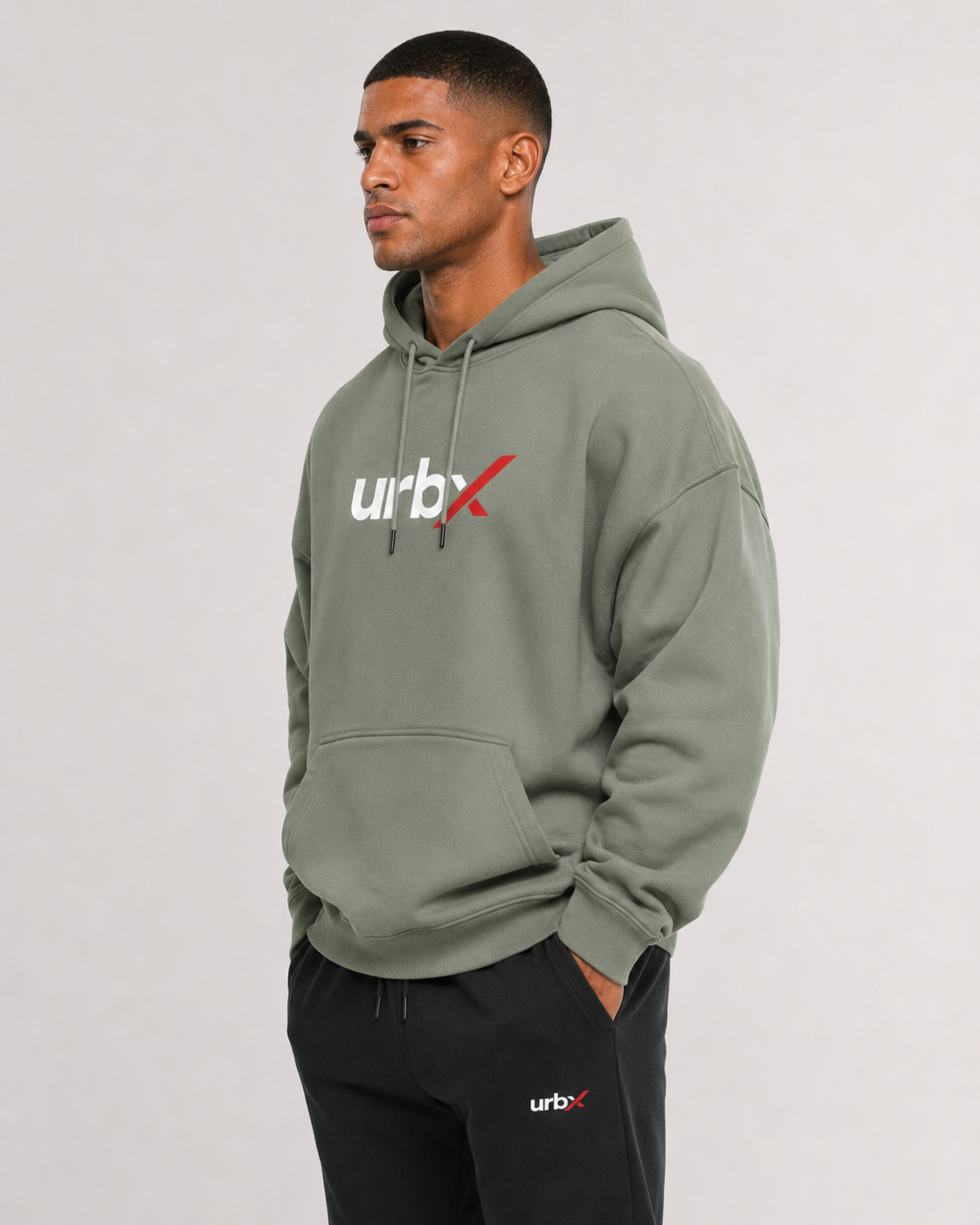 URBX Oversized Hoodie Sage Green - Three quarter view