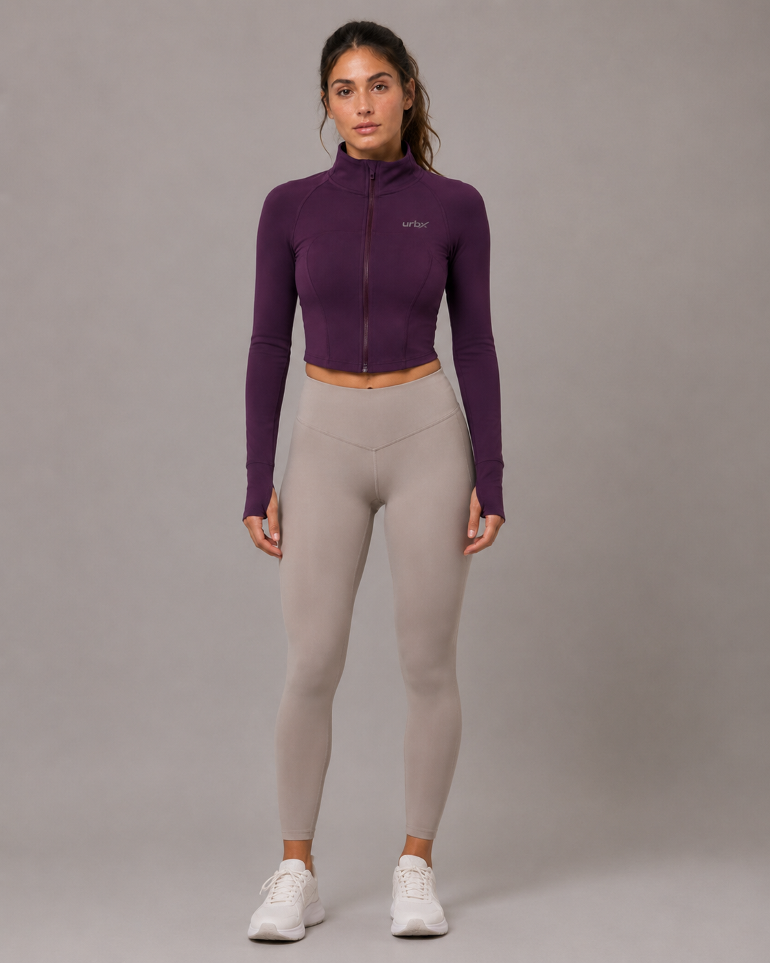 URBX Seamless Cropped Zip-Up Performance Jacket Plum - Full body front view