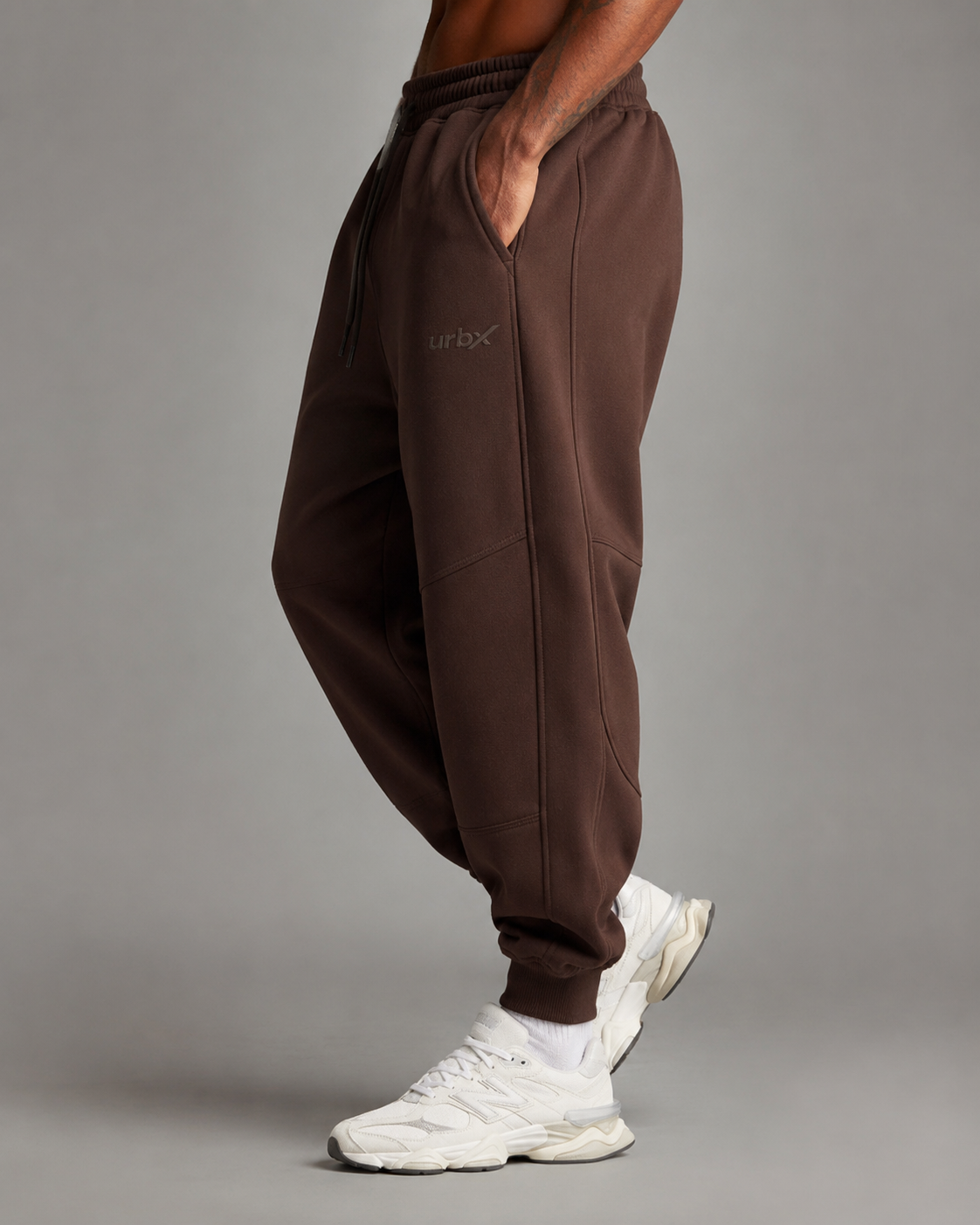 URBX Heavyweight Panelled Joggers Dark Chocolate - Side view