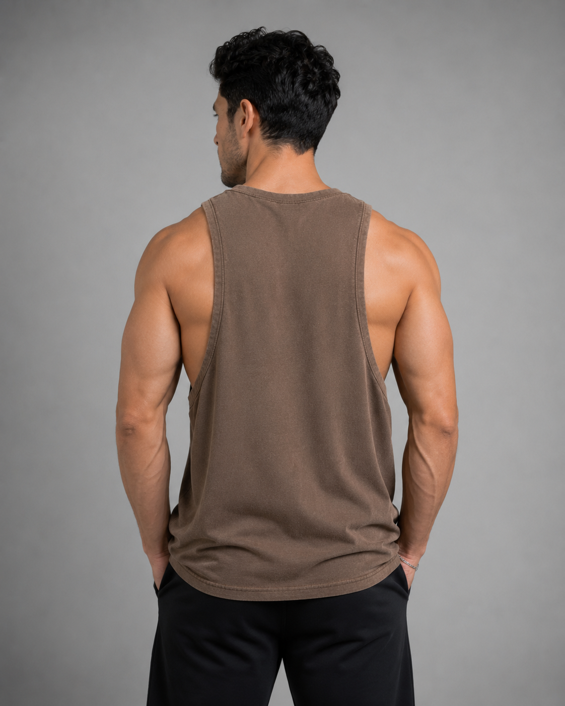 URBX Washed Drop-Arm Tank Top Mocha - Back view
