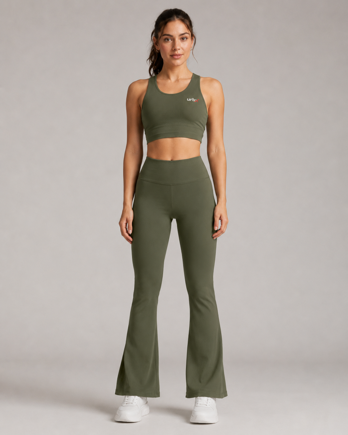 URBX Ribbed Co-Ord Set Olive Green - Front straight full body