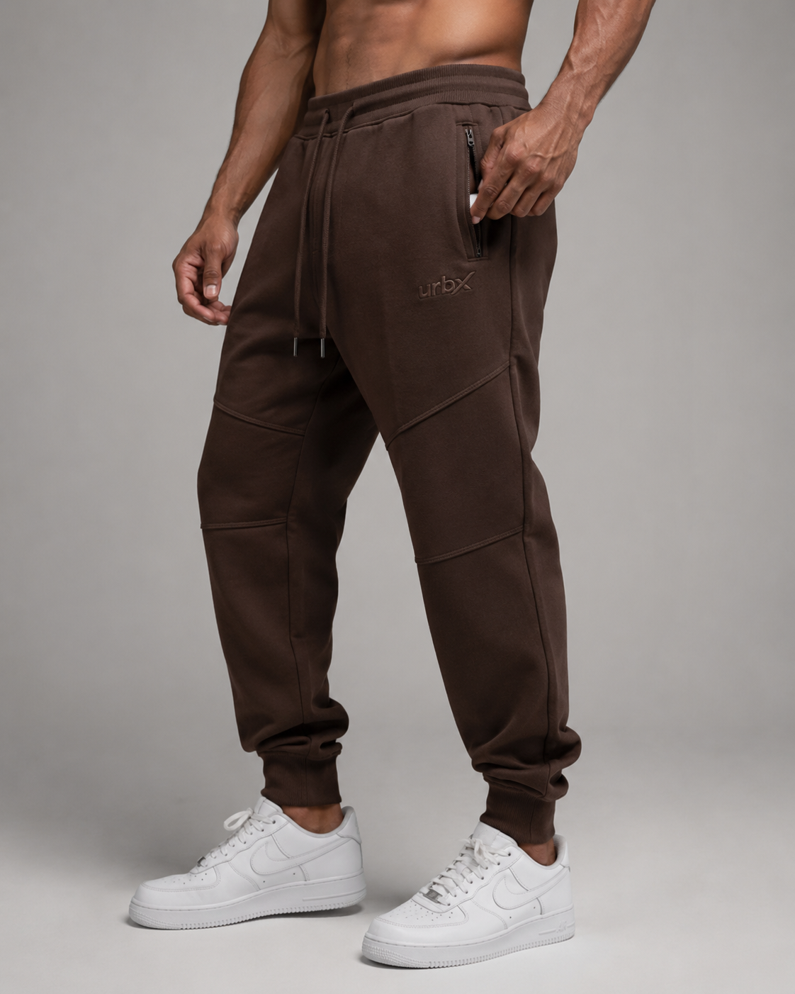 URBX Heavyweight Panelled Joggers Dark Chocolate - Zip pocket detail