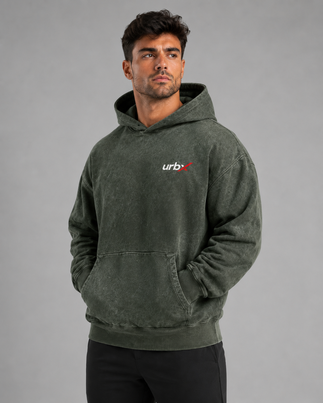 URBX Washed Oversized Hoodie Olive - Side view