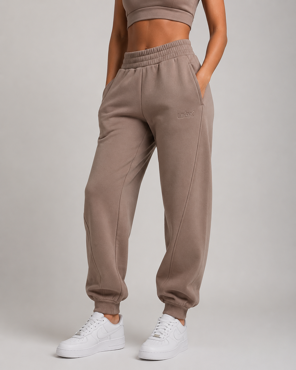 URBX Heavyweight High-Waist Joggers Taupe - Front angle view hands in pockets