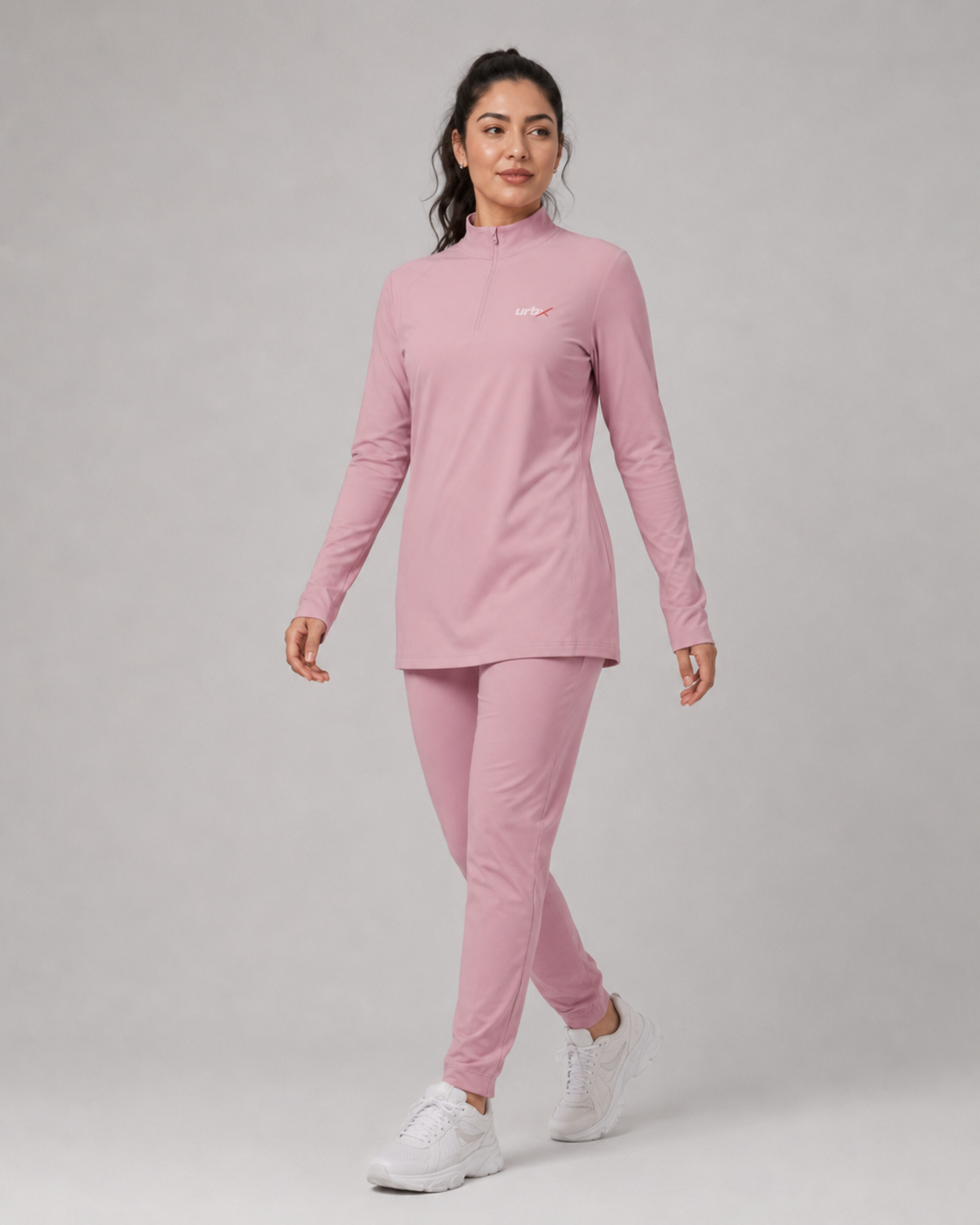 URBX Modest Quarter-Zip Training Set Blush Pink - Walking front angle full body