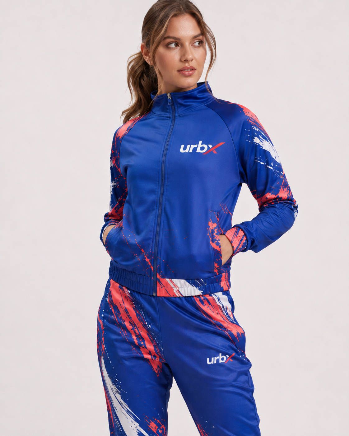 URBX Graphic Performance Tracksuit Royal Blue – Jacket close-up angle view
