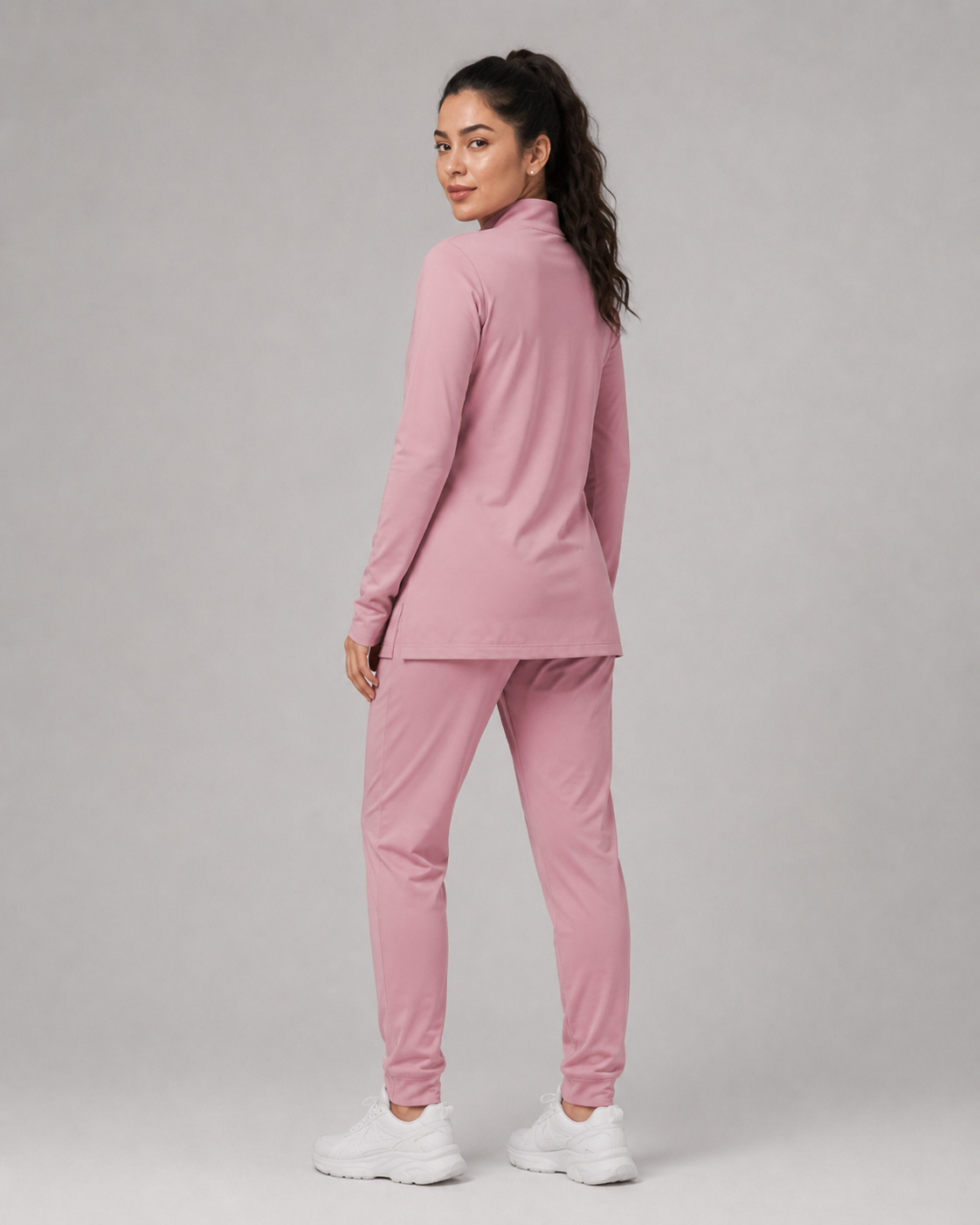 URBX Modest Quarter-Zip Training Set Blush Pink - Back angle three quarter