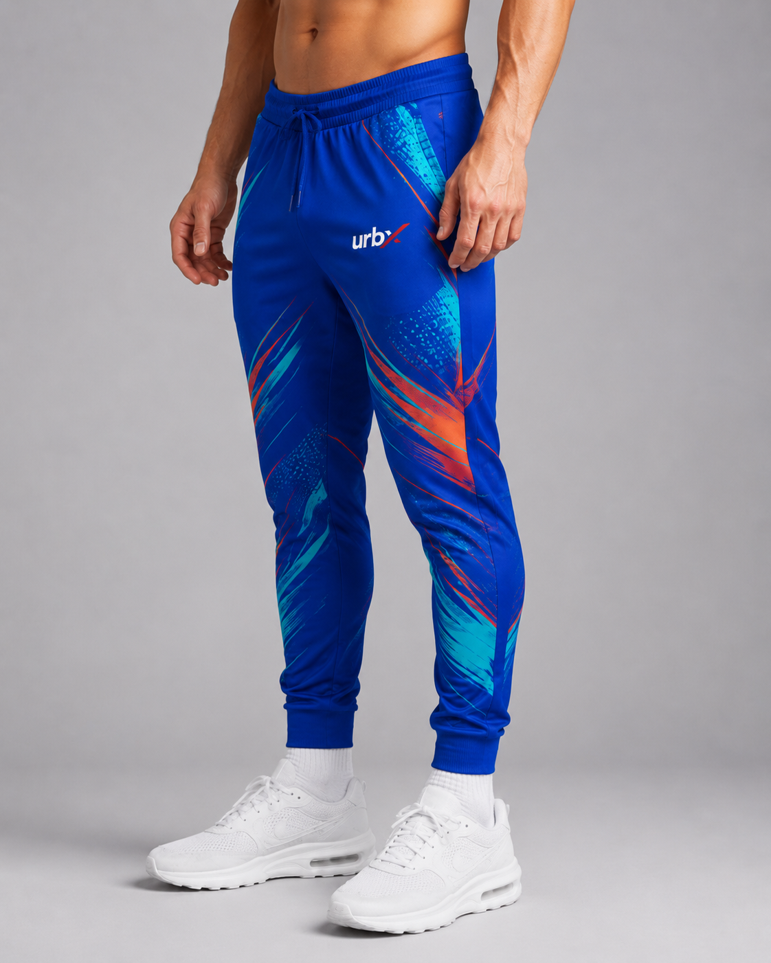 URBX Graphic Performance Joggers Royal Blue – Side angle view