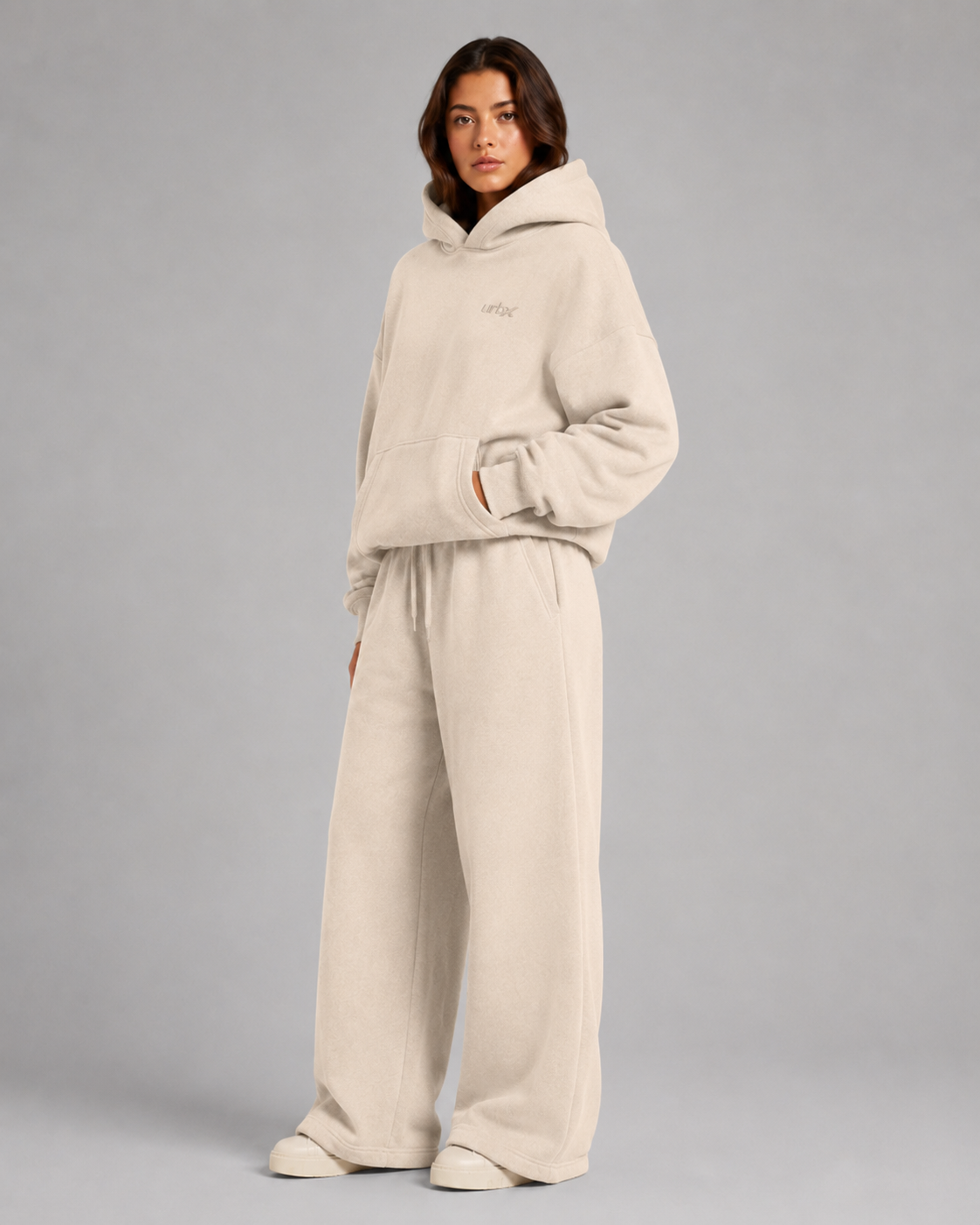 URBX Heavyweight Oversized Loungewear Set Oatmeal - Front hands in pockets view