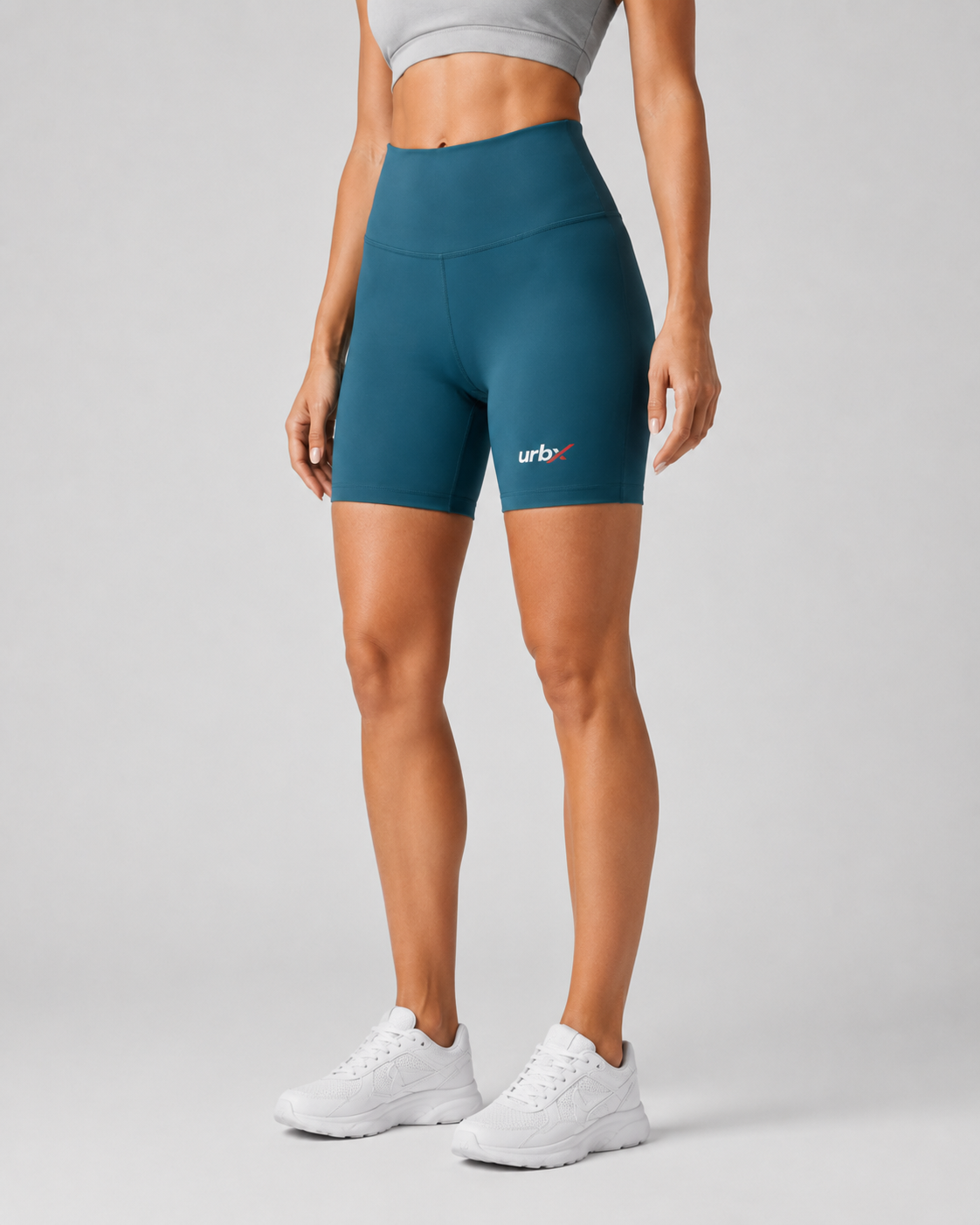URBX High-Waist Biker Shorts Teal - Three Quarter Angled View