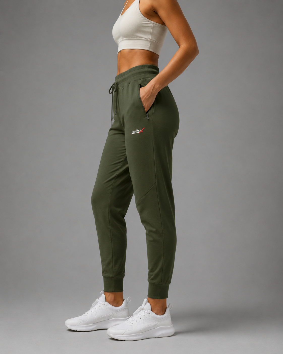 URBX Women Tapered Training Pants Olive - Three Quarter Front View