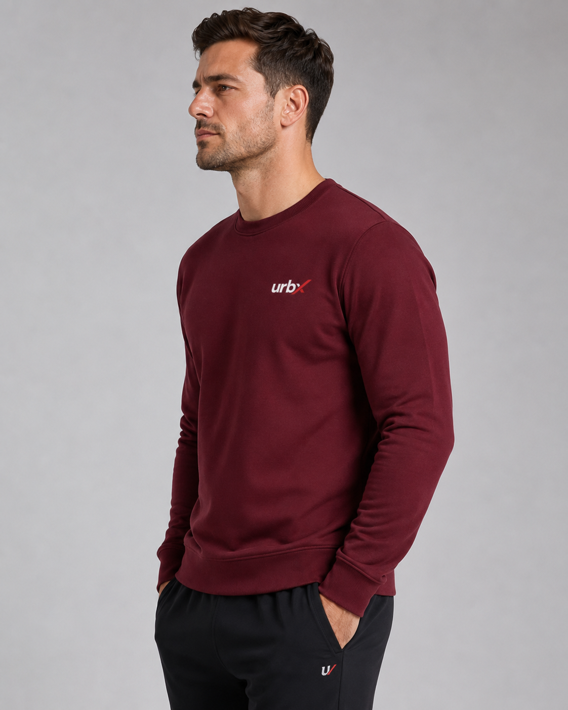 URBX Essential Crewneck Sweatshirt Burgundy – Side view