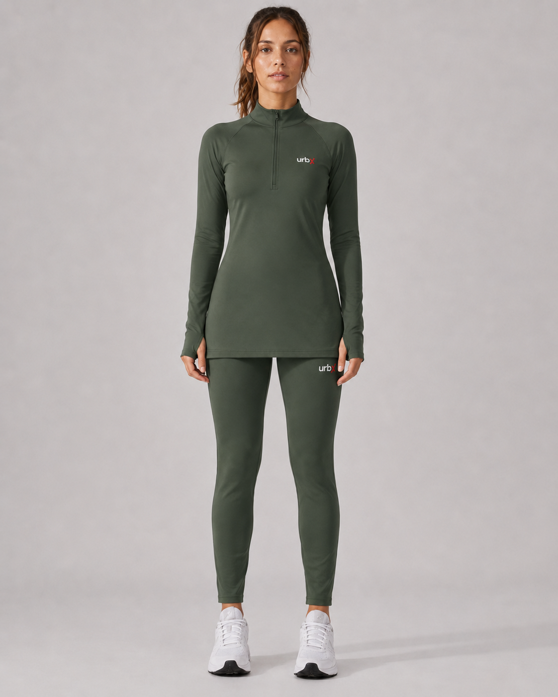 URBX Modest Quarter-Zip Training Set Forest Green - Full Body Front