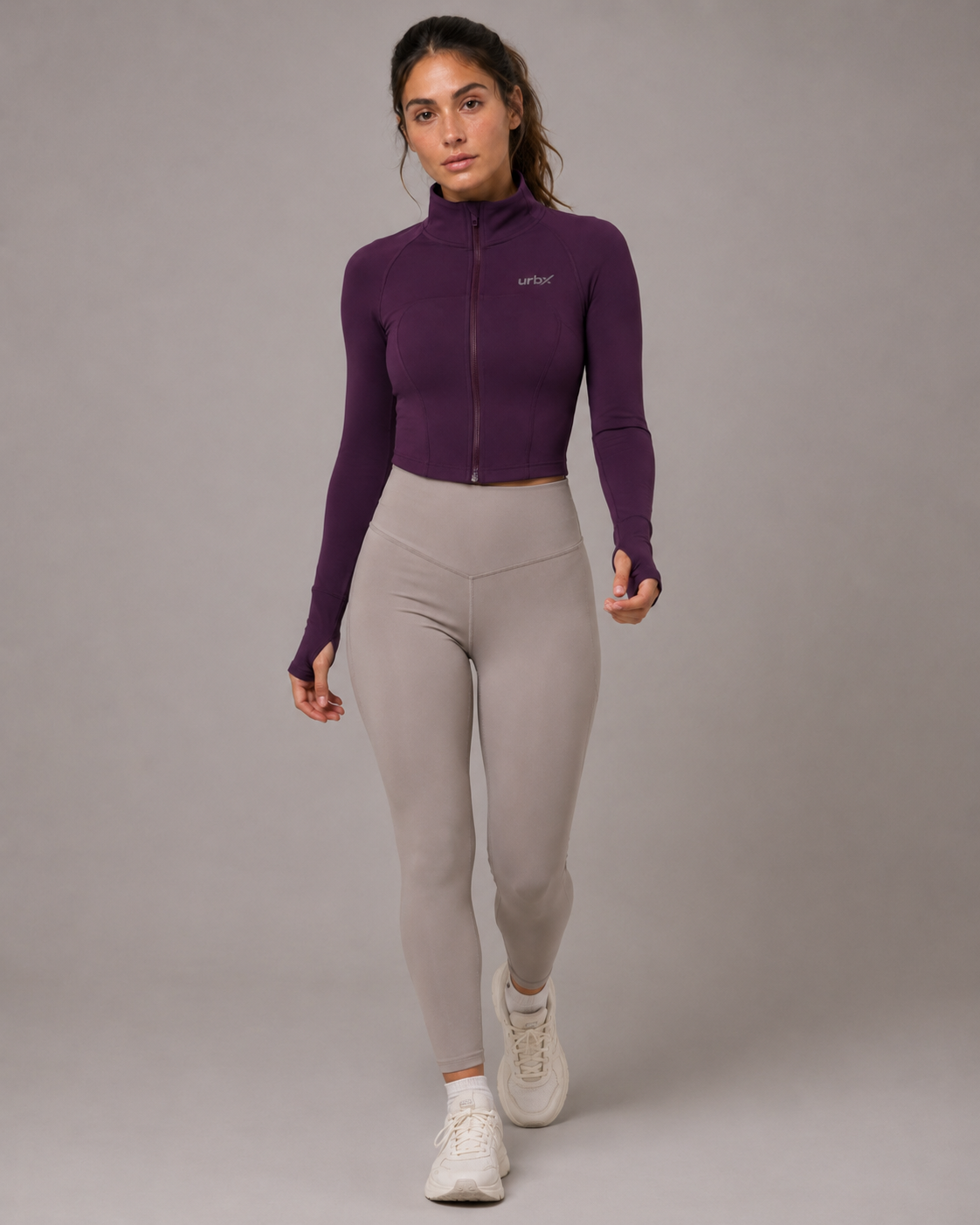URBX Seamless Cropped Zip-Up Performance Jacket Plum - Walking lifestyle front view