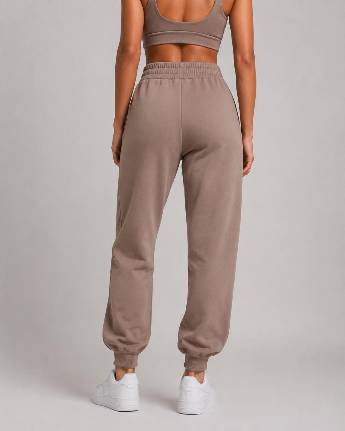 URBX Heavyweight High-Waist Joggers Taupe - Back view full body