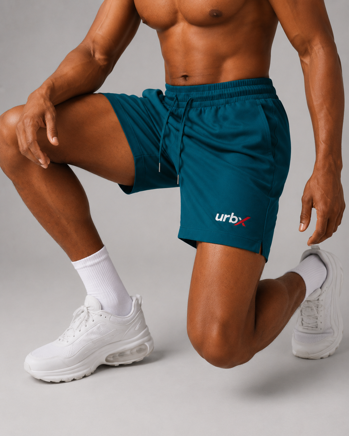 URBX Training Shorts Teal – Close front detail
