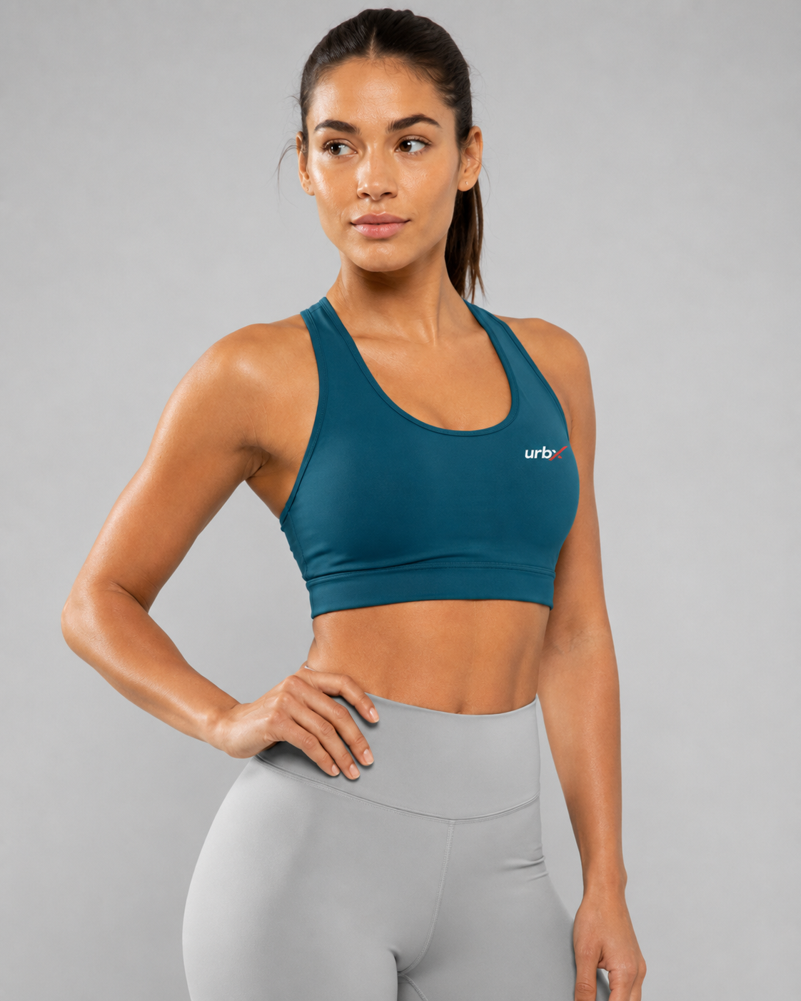 URBX Racerback Sports Bra Teal - Front side angle