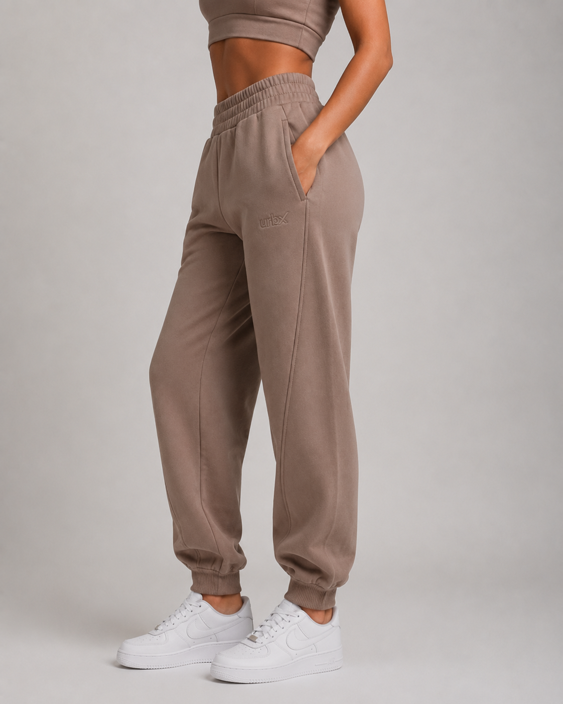 URBX Heavyweight High-Waist Joggers Taupe - Side view